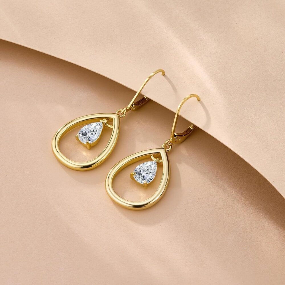 925 Silver 14K Gold CZ Teardrop Dangle Earrings, Bridal & Prom Gift Dangly Proms - Picture 4 of 6